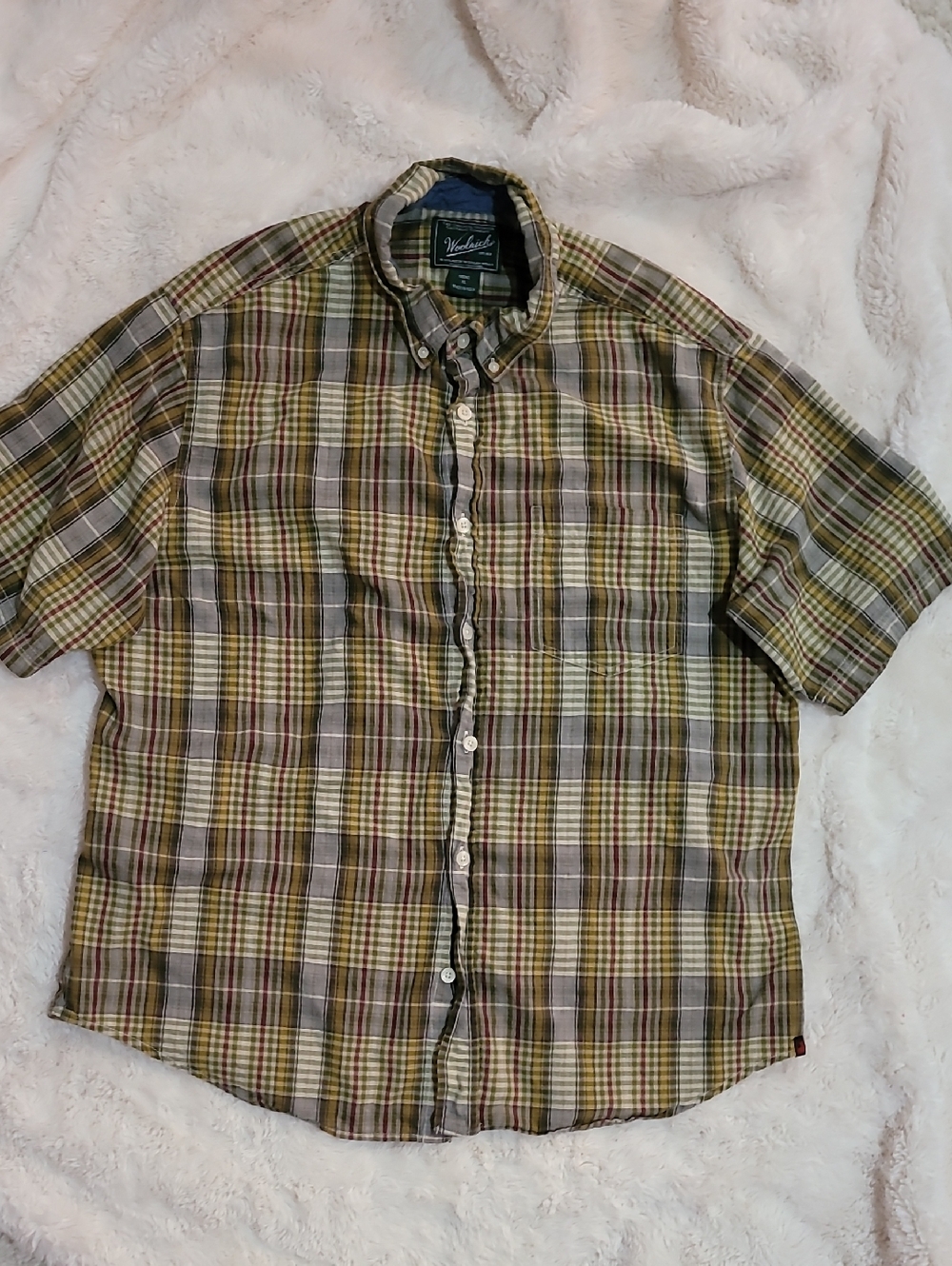 Woolrich Men's Short-Sleeve Plaid Button-Down Shirt in Yellow and Olive